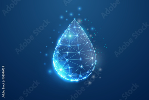 Water drop 3d symbol in blue low poly style. Droplet, raindrop design concept vector illustration. Oil drop polygonal wireframe.