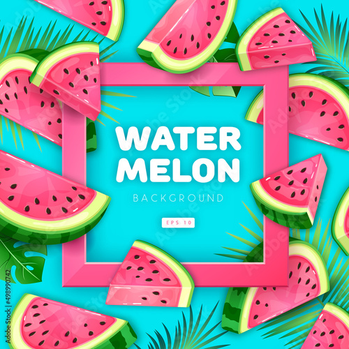 Watermelon slices with tropic leaves on blue background. Vector watermelon illustration