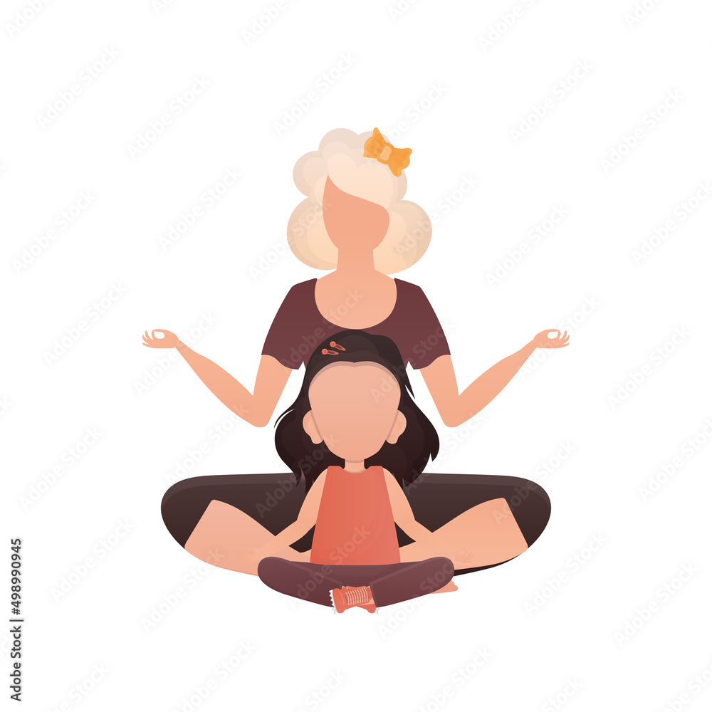 Mom and daughter yoga. Cartoon style. Isolated. Vector.