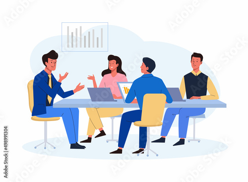 Business people sitting around table. Team group talking with leader