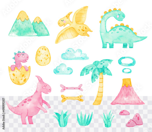 Hand painted watercolor cute cartoon dinosaur set
