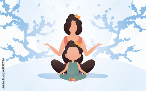 Mom and daughter are meditating. Cartoon style. Sports lifestyle. Vector illustration.