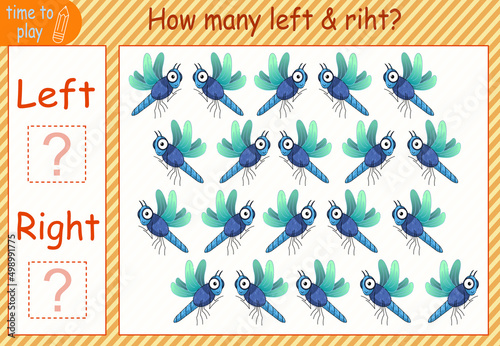 children's educational game, task. which way the insect is looking. grasshopper, spider, wasp, butterfly, dragonfly, ant. photo