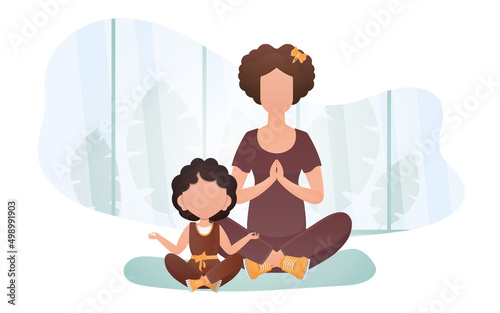 Mom and daughter do yoga. Cartoon style. Meditation and concentration concept. Vector illustration.