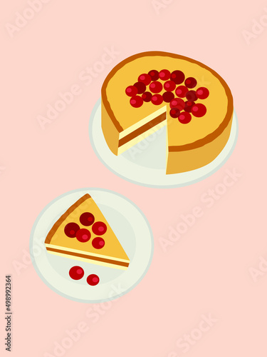 Wallpaper Mural Piece of cake with cherries. Side view cake on plate. Vector illustration. Torontodigital.ca