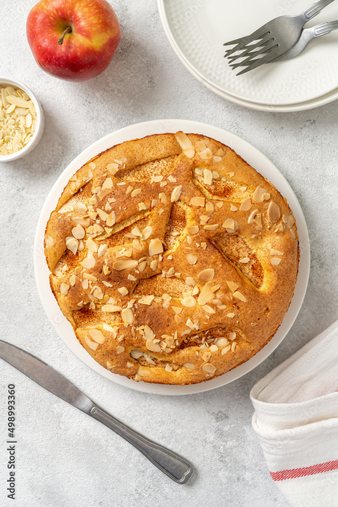 Traditional apple pie on a white plate on a light culinary background. Charlotte pie on a platter. Delicious homemade pastry on the kitchen table. Top view Traditional apple pie on a white plate on a light culinary background. Charlotte pie on a platter. Delicious homemade pastry on the kitchen table. Top view