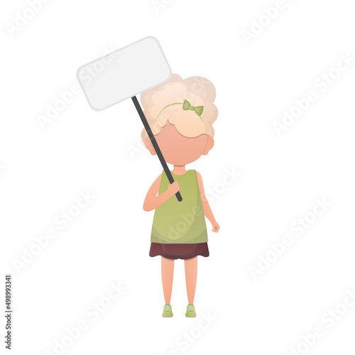 Little girl with a blank banner and space for your text. Cartoon style. Vector.