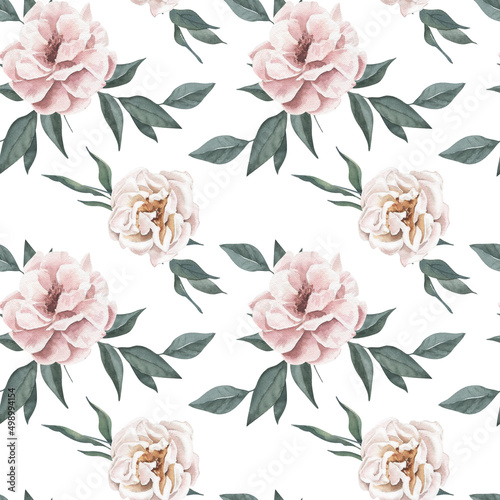 Watercolor Seamless Pattern Background with Roses on White Background.