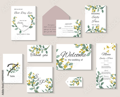 Wedding invitation with leaves eucalyptus, watercolor, isolated on white. Vector Watercolor.