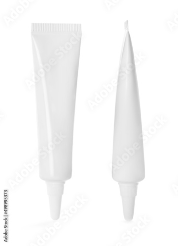 Blank tubes of cosmetic products on white background  collage. Mockup for design