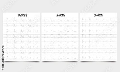 Writing practice letters Dd, Ee, Ff printable, kindergarten kids to improve basic writing skills