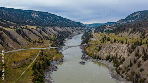 Aerial photo of the Sheep Creek Bridge over the Fraser River on British Columbia Highway 20 aka Chilcotin-Bella Coola hwy, Canada