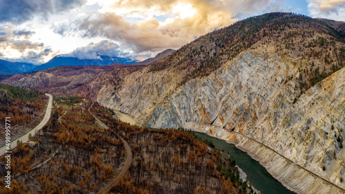 Unique, elevated perspective view of the panorama of Thompson river between Lytton and Spences Bridge