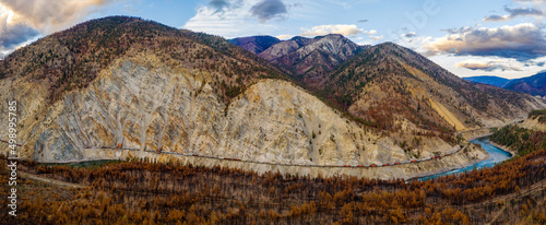 Unique, elevated perspective view of the panorama of Thompson river between Lytton and Spences Bridge photo