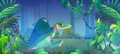 Spinosaurus dinosaur in jungle, dino monster, prehistoric wild animal on tropical forest background with palm tree leaves. Jurassic period ancient creature. Cartoon game personage vector illustration