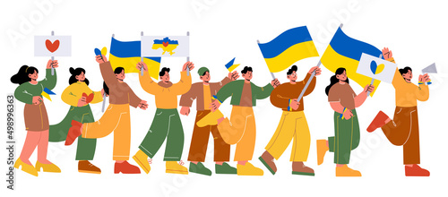 People protest against war in Ukraine on demonstration. Vector flat illustration of crowd of activists with Ukrainian flags and megaphone on demonstration for peace and freedom