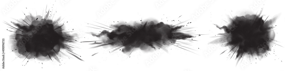 Splash of charcoal powder, coal sand explosion. Black sandy clouds, dry grainy stains or strokes, dirty smoke isolated design elements, dark textured smears on white background Realistic 3d vector set