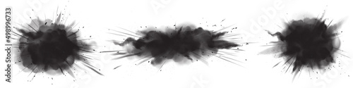 Splash of charcoal powder, coal sand explosion. Black sandy clouds, dry grainy stains or strokes, dirty smoke isolated design elements, dark textured smears on white background Realistic 3d vector set