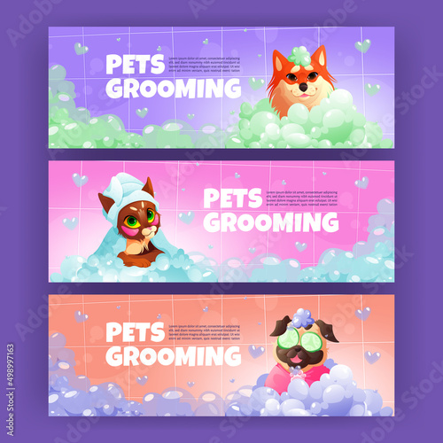 Pets grooming cartoon banners with funny dogs and cat applying spa procedures. Cute animals wear turban or cucumber slices on eyes sitting in foamy tub with shampoo bubbles, Vector illustration