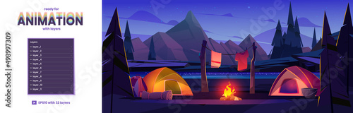 Foto Night camp with tents, campfire and tourist camping stuff at river coast and rocks, layers for game animation