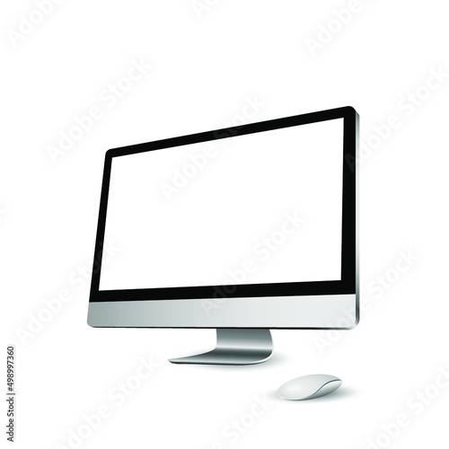 Monitor with white display, computer mouse - side view. Vector.