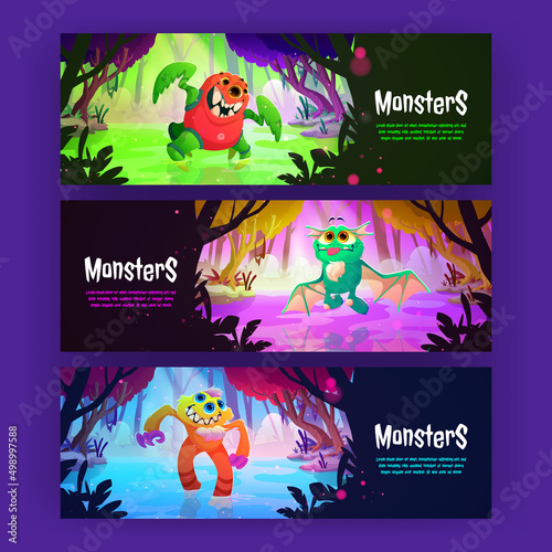 Monsters posters with cute alien animals in forest swamp. Vector horizontal banner with cartoon fantasy illustration of magic woods landscape and fantastic creatures