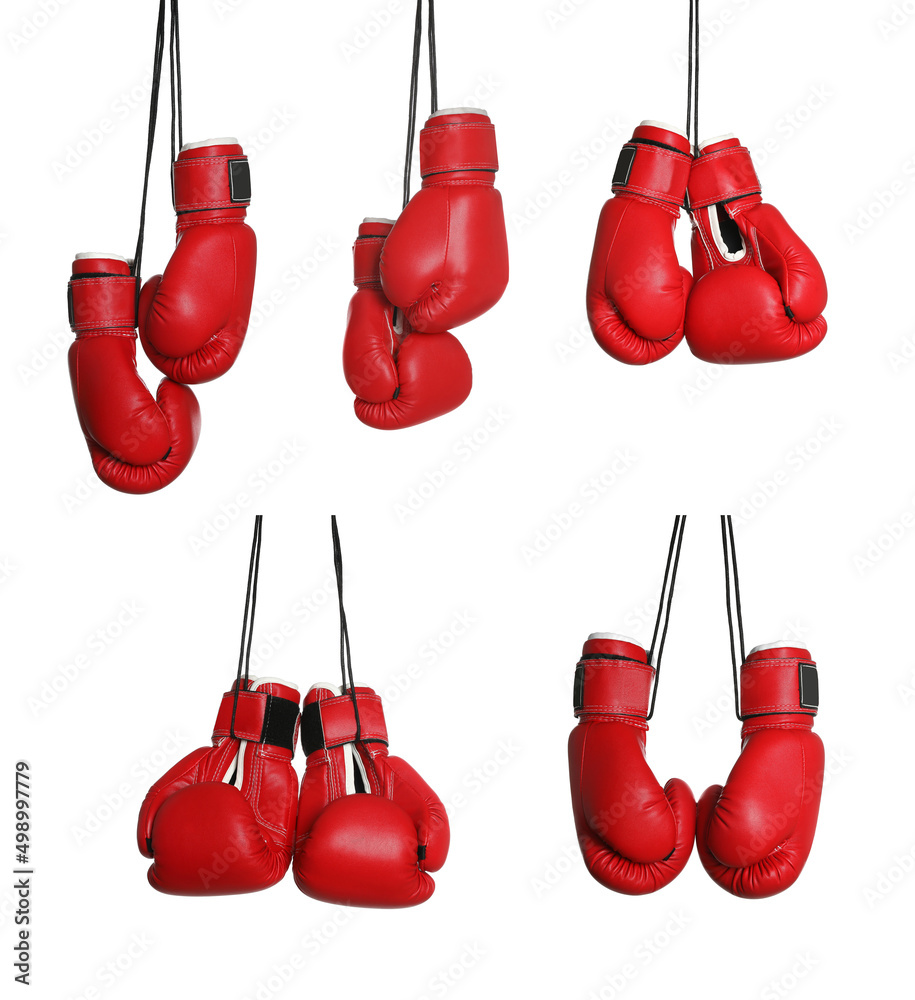 Set with red boxing gloves on white background