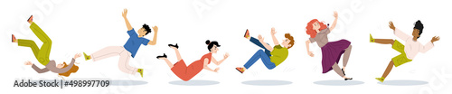 Diverse people fall, fly down. Vector flat illustration of characters tumble after slip or stumble with injury risk. Men and women drop isolated on white background photo