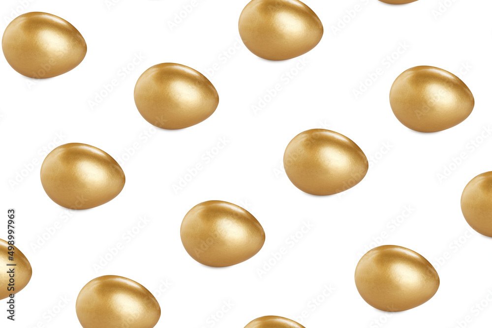 Set with shiny golden eggs on white background Set with shiny golden eggs on white background