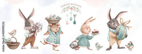 Photography collection of dressed-up Easter bunny characters with colorful eggs, bouquets, baskets, pies