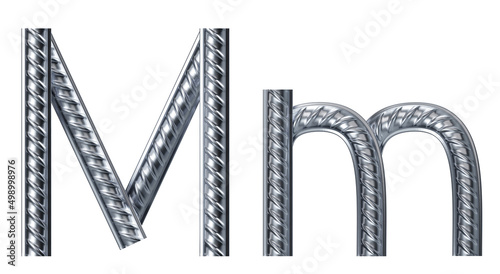 Letter m. font from construction rebar. 3D render
