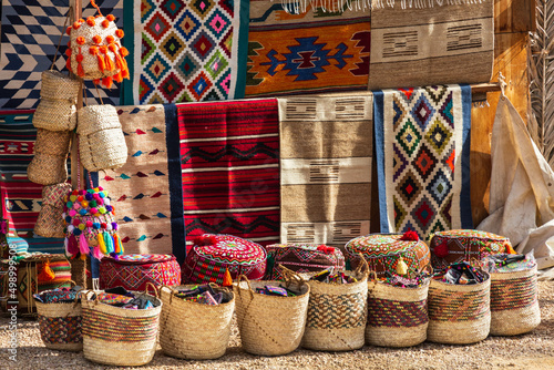 Siwa oasis, Egypt - January 2022: Traditional handmade oriental carpets in a souvenir shop in Siwa oasis near Cleopatra\'s Pool