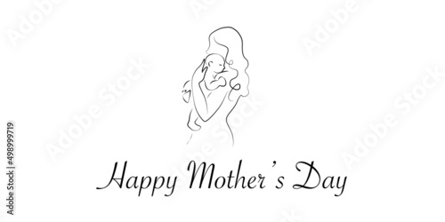 Abstract mother with a child in continuous one line drawing art style. Mother`s Day card. Woman hugging her baby. Happy motherhood concept. Modern vector illustration