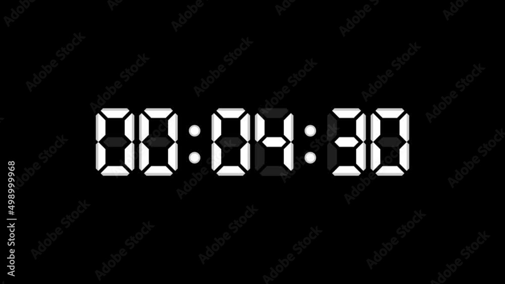 One Minute Time Count with Digital Numbers White Digits on Black Background