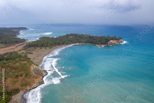 Aerial view of Phaselis (ruins of ancient harbour town) and Mediterranean coastline. Beydaglari Coastal National Park, Antalya Province, Turkey.