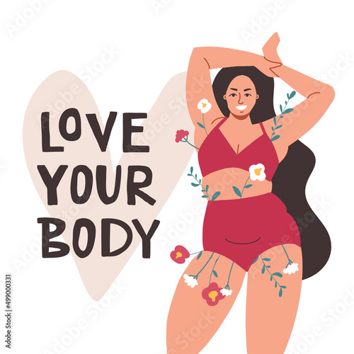 A beautiful girl in a swimsuit is smiling. flowers are visible from her underwear. A plump woman urges you to love your body
