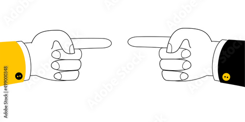 Two hands point at each other. Vector illustration on the topic of finding the culprit.