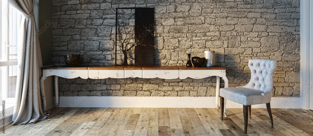 bright empty interior design, stone wall. 3D illustration bright empty interior design, stone wall. 3D illustration