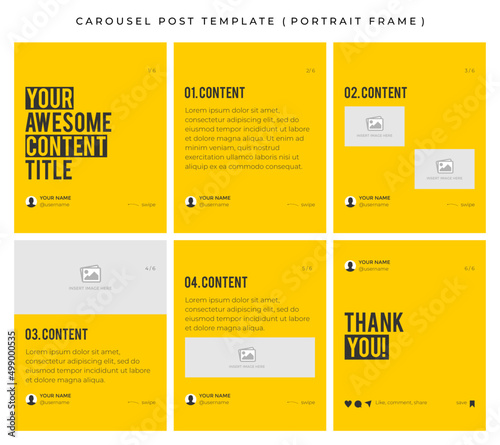 Carousel post template for social media. Microblog style, portrait frame, modern simple minimalist style with deep yellow color theme.