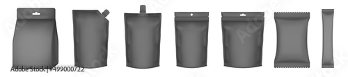 Set of realistic doy pack mockups. Black flow pack, sachet, zip bag, and doypack. Ice cream wrapper. Sachet. Tea, sause, or candy packaging. Laundry detergent bag