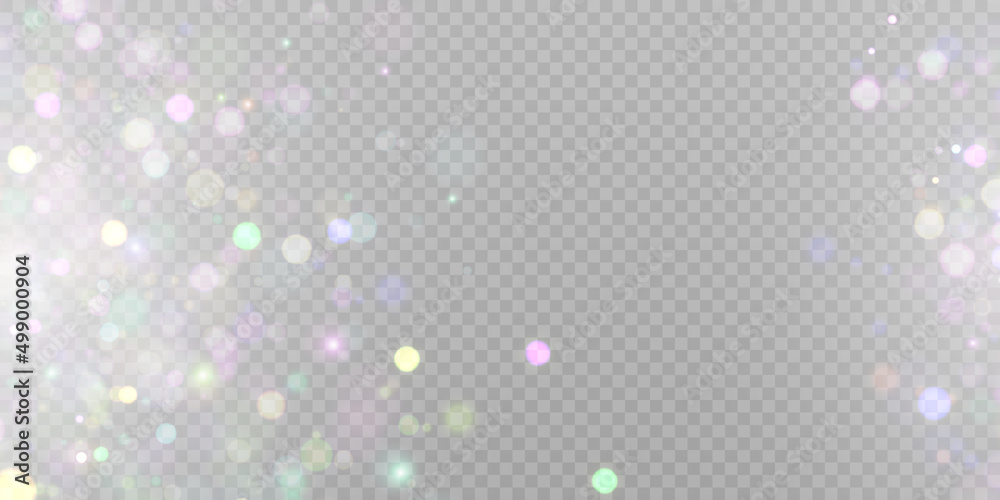 Sparkling glare light effects with colorful shimmer. Beautiful lens flare effect with bokeh, glittery particles and rays. Shining abstract background. Vector illustration