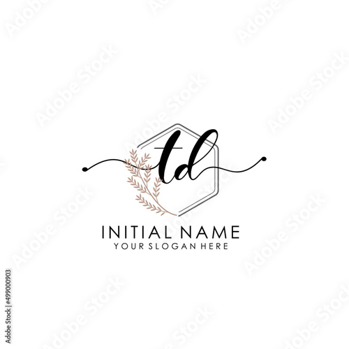 TD Luxury initial handwriting logo with flower template, logo for beauty, fashion, wedding, photography