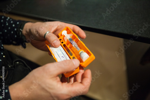 Childhood diabetes: emergency kit including a glucagon syringe. photo