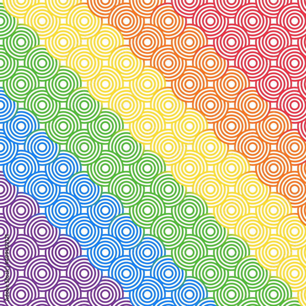 Abstract rainbow colored concentric circles seamless vector pattern. Japanese style circles background. Overlap circle. For fabric, covers, tiles. Vector illustration.