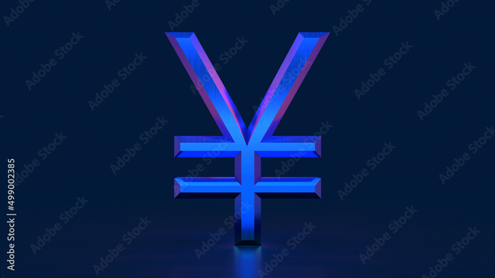 Fototapeta premium 3d render Yen symbol in cyberpunk style shiny purple on a blue background money currency exchange
