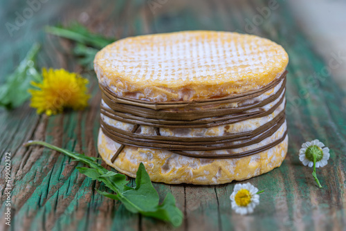 Close-up of livarot (Normandy cheese) lying on an old board. photo