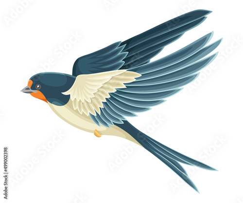 Swallow or Martin Passerine Bird with Long Tail and Pointed Wings Flying or Gliding Vector Illustration