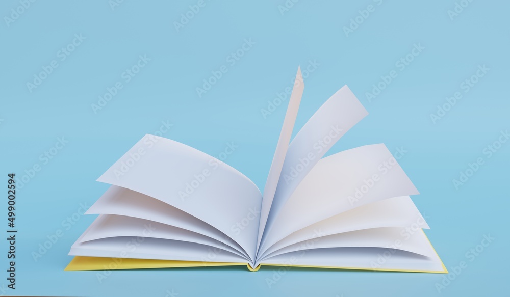 Yellow covered open book on blue background. Front view. Online education or e-learning concept. 3d render Yellow covered open book on blue background. Front view. Online education or e-learning concept. 3d render