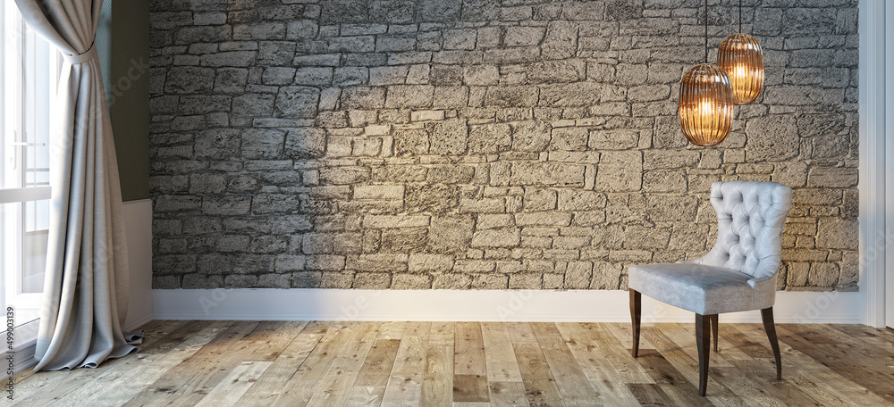 bright empty interior design, stone wall. 3D illustration bright empty interior design, stone wall. 3D illustration