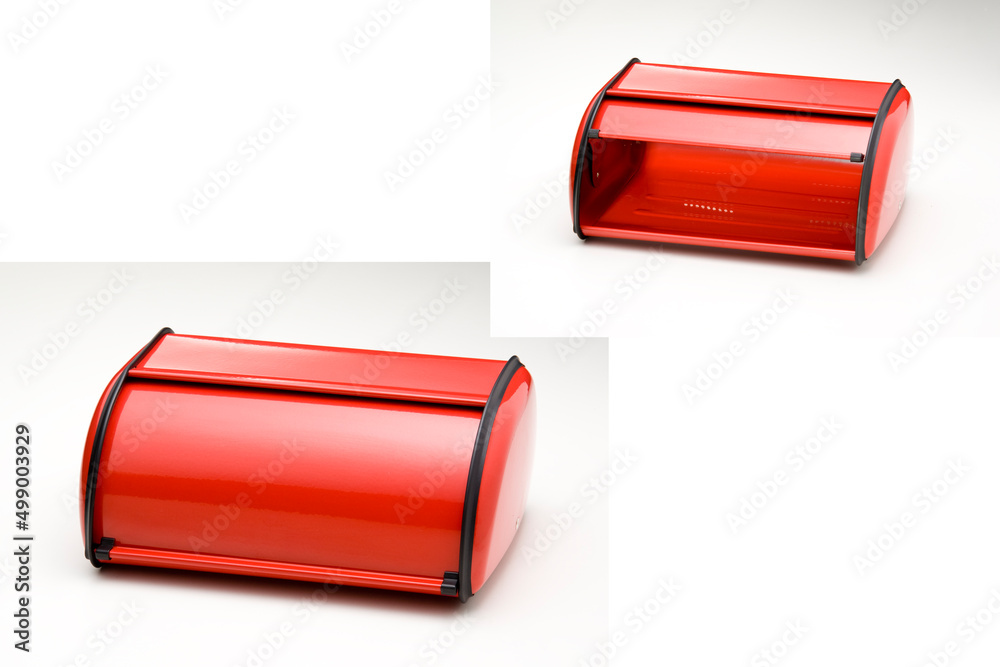 Red metal bread box closed, isolated